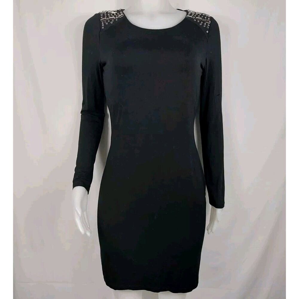 Vince Camuto Womens Black Knit Dress Silver Studded Shoulder Long Sleeve Y2K Med